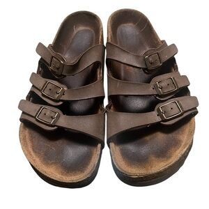 Birkenstock Florida brown leather 3 strap slip on sandal